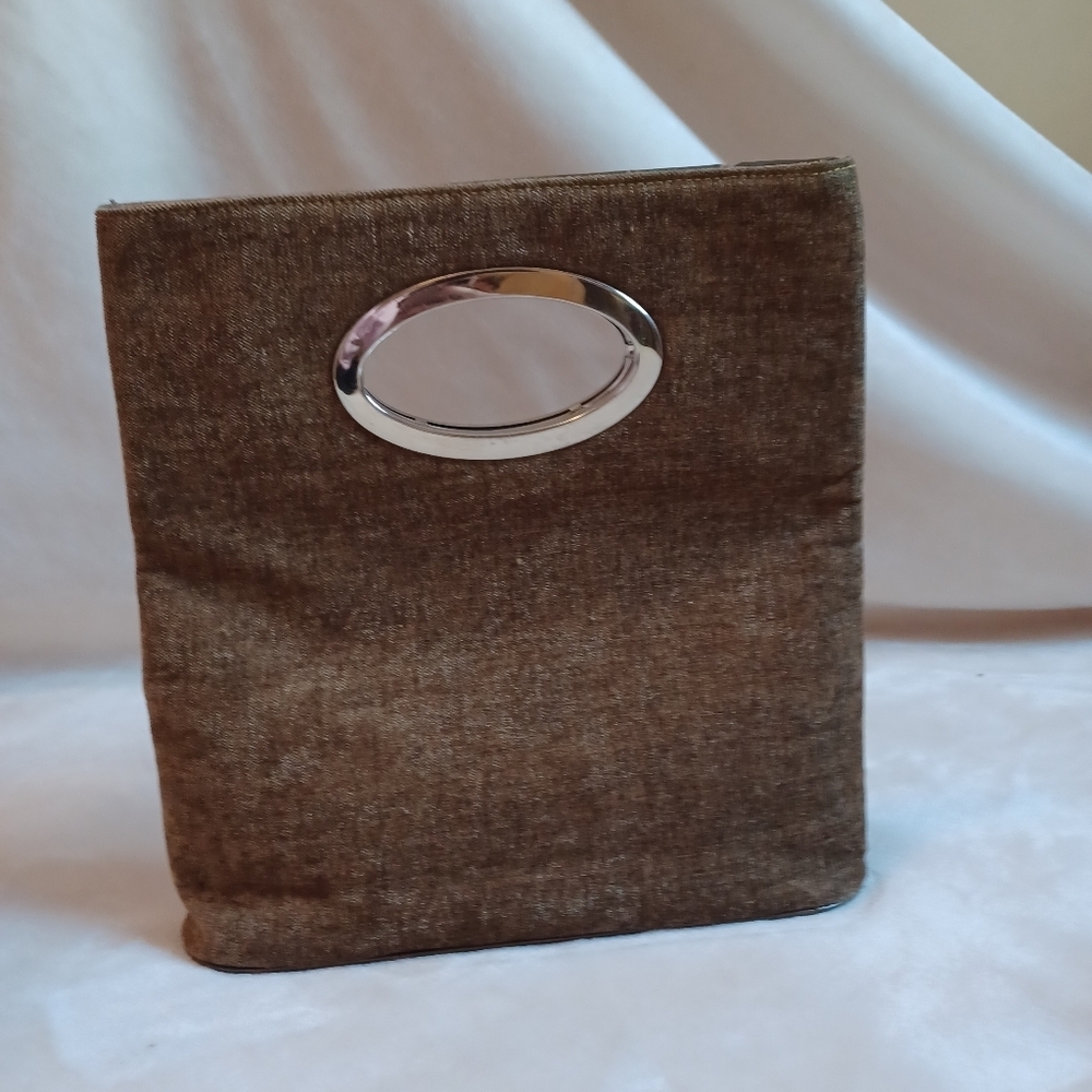 New Pearl brown jewel clasp handbag ladies corduroy silver magnetic closer - Picture 3 of 8